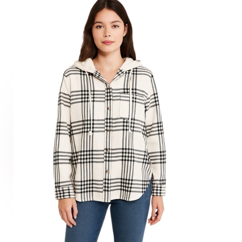 American Eagle - NWT Plaid Button Down Y2K Grunge Hooded Shirt Jacket Sz S